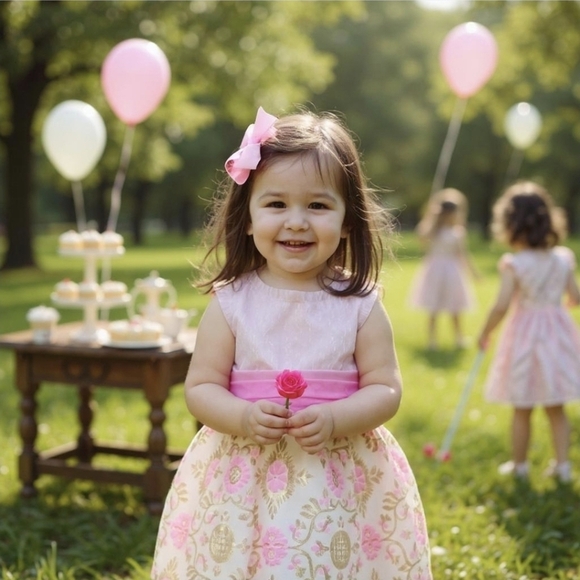Truly Scrumptious ✦ Pink & Gold Floral Party Dress ✦ Toddler 24M w/ Bow-Tie Back - Picture 4 of 14